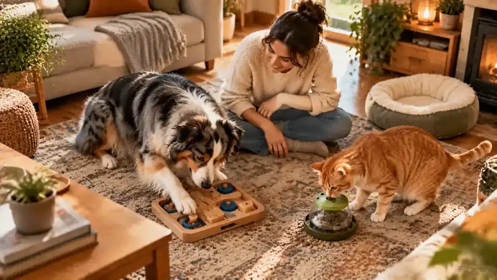 An Australian Shepherd uses its nose to move measured kibble in a food puzzle while an orange cat investigates a separate rolling food dispenser under an adult owner's supervision in a bright family room.