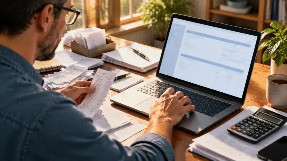 Adult completing electronic tax forms on a laptop with receipts and calculator nearby.