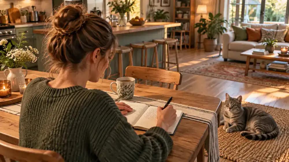 Owner writing dated observations about a gray tabby cat in a notebook at a wooden kitchen table while the cat relaxes on a windowsill nearby.