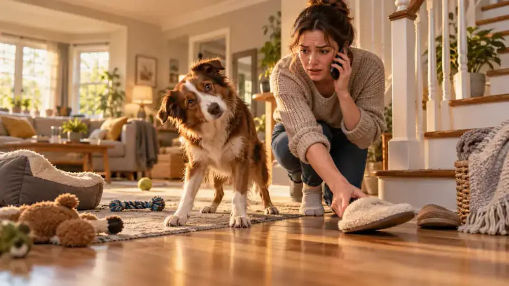 Unsteady dog briefly tilting its head in a living room while the owner guides it away from stairs, clears nearby obstacles, and contacts an emergency veterinary clinic.