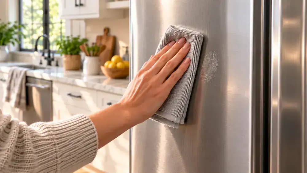Close-up of a stainless steel warming cabinet with one greasy fingerprint being cleaned using a soapy microfiber cloth, a damp rinse cloth, and a dry cloth moving vertically with the grain.