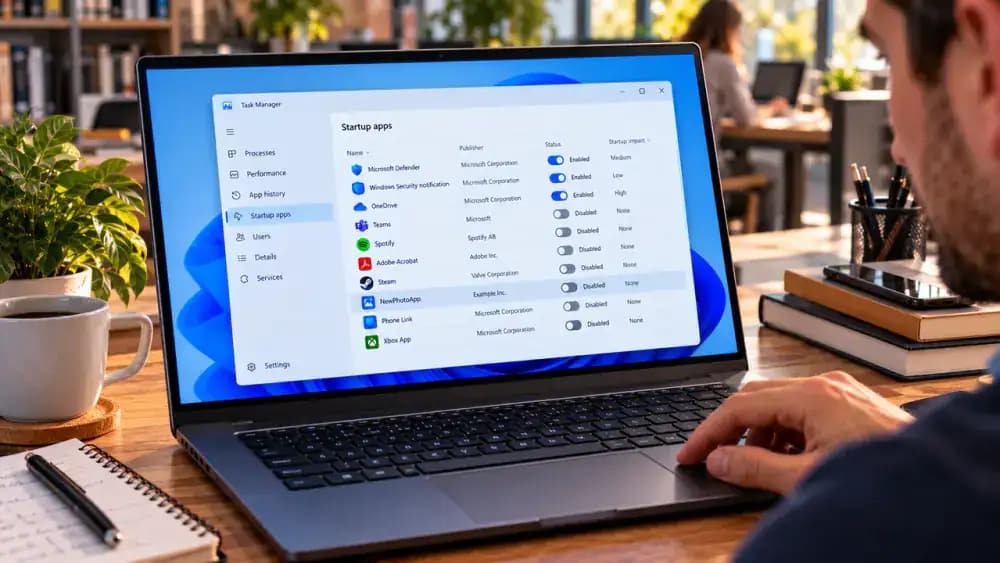 Windows 11 laptop displaying Settings > Apps > Startup, with an optional music player switched Off while security software and essential accessibility applications remain enabled.