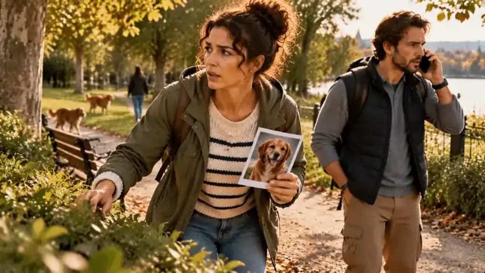 A worried pet owner searches a neighborhood park with a recent pet photograph while a friend contacts animal services and the owner calls the registry's official support number.