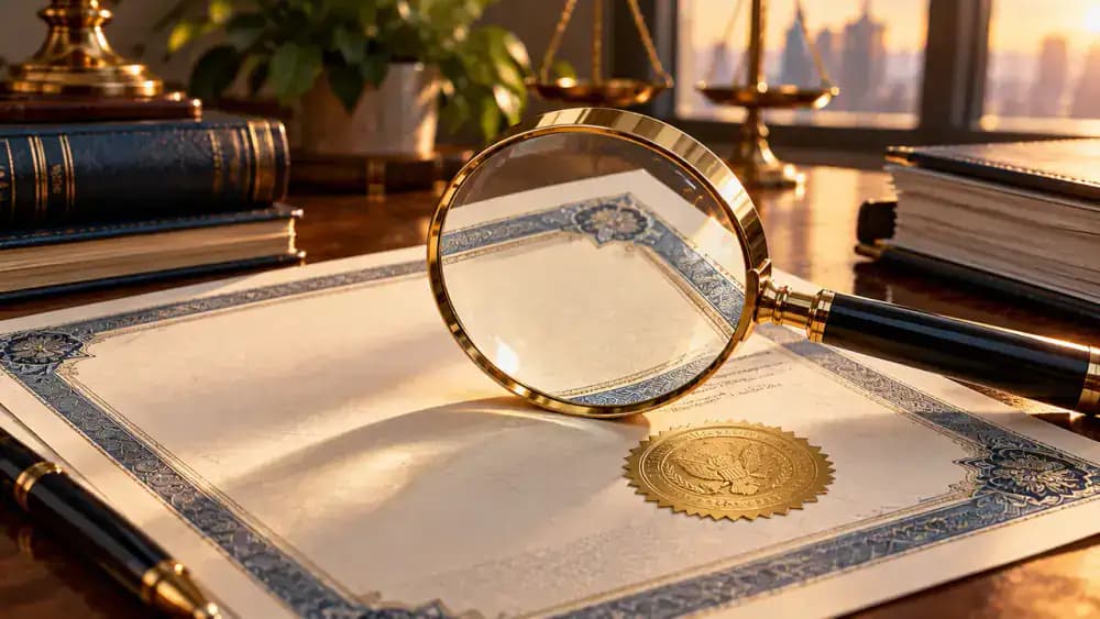 Magnifying glass examining a blank official certificate with an embossed seal representing lender licensing verification.