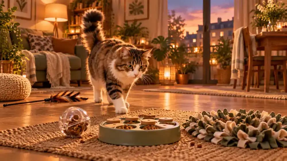 Cat using a puzzle feeder after interactive play