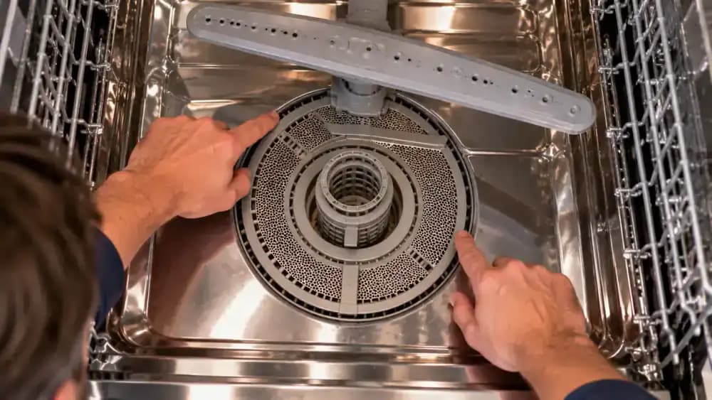 Straight-down view inside an empty dishwasher as an adult traces one fingertip around the installed filter rim, checks the handle in the locked position, and confirms the tub is clear of cleaning tools.
