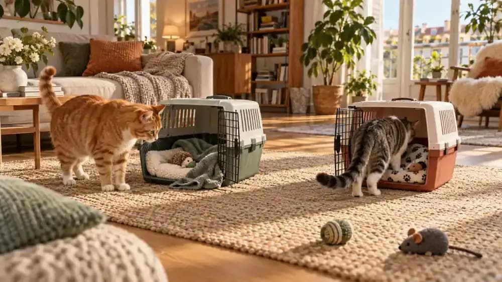 Two cats exploring separate open carriers with their own familiar bedding