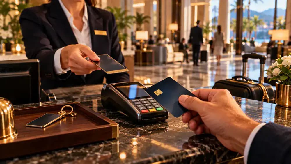International hotel reception counter with payment terminal, room key, and unbranded travel credit card.
