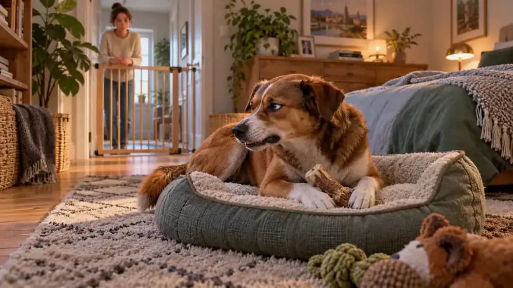Dog lying on its bed guarding a chew while its owner observes from a safe distance behind a pet gate.