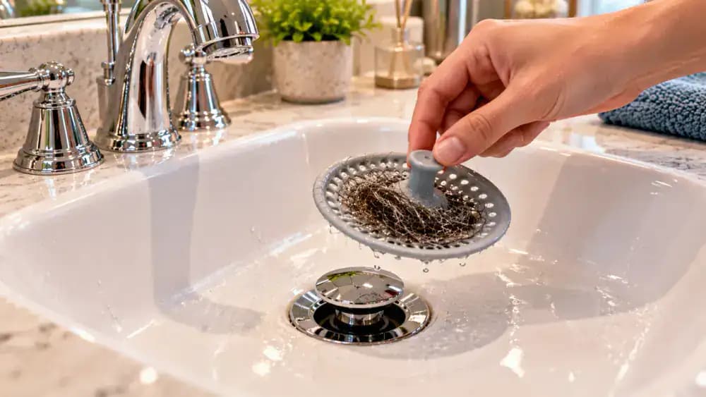 Close-up of a homeowner positioning a small silicone hair-catching drain screen over a white porcelain bathroom sink drain, checking clearance around the chrome pop-up stopper and emptying trapped hair into a lined trash can.