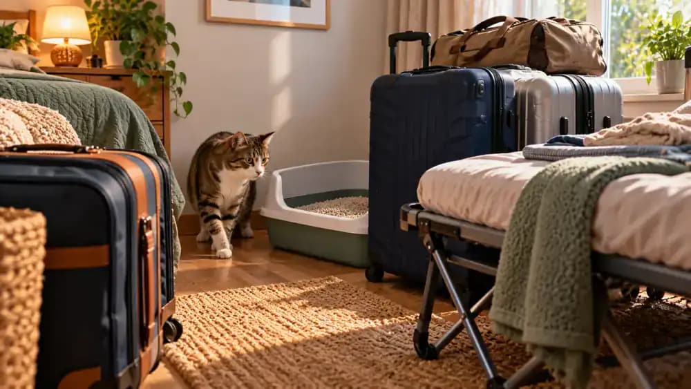 Guest bedroom filling with suitcases, a folding bed, and visitors' belongings as an owner prepares an additional litter box in a quiet room where the cat can access it comfortably.