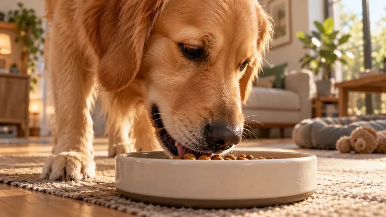 Dog calmly taking small amounts of kibble from a shallow slow feeder
