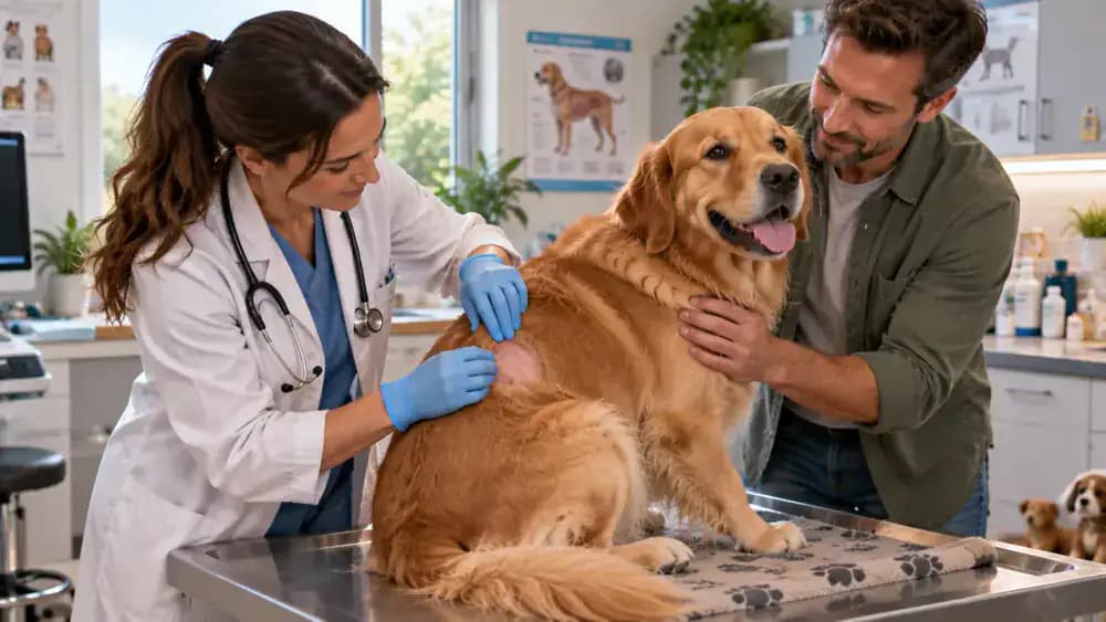 Owner showing a veterinarian an irritated area and small bald patch on a dog