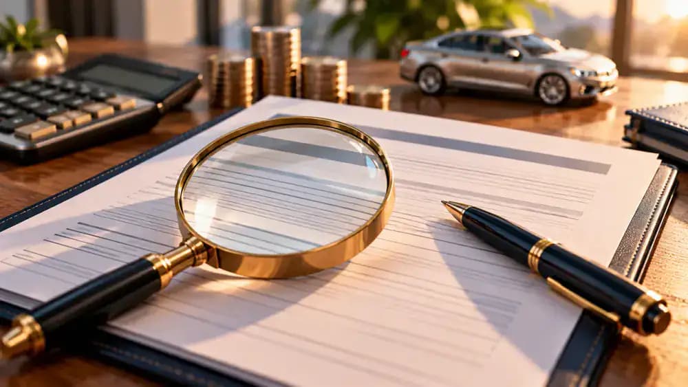Magnifying glass examining the fine-print area of a blank auto financing contract.