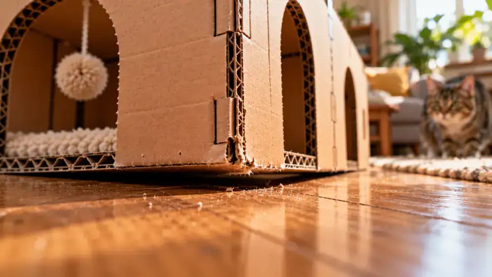 Close-up of a cardboard maze section scraping against a wooden floor as an owner adjusts its uneven contact points, followed by a tabby walking through the stabilized tunnel.