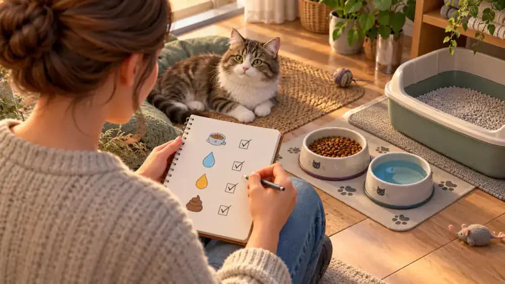 Concerned cat owner calling a veterinary clinic from the starter room