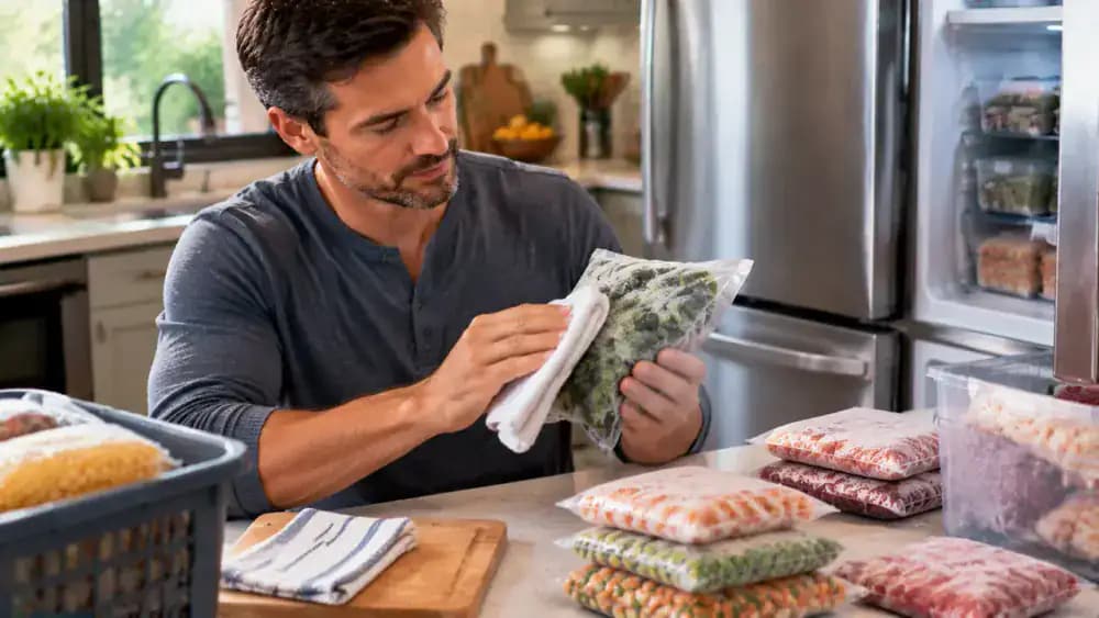 Homeowner wiping sealed frozen food packages on a kitchen counter before placing them near the freezer to prevent spills