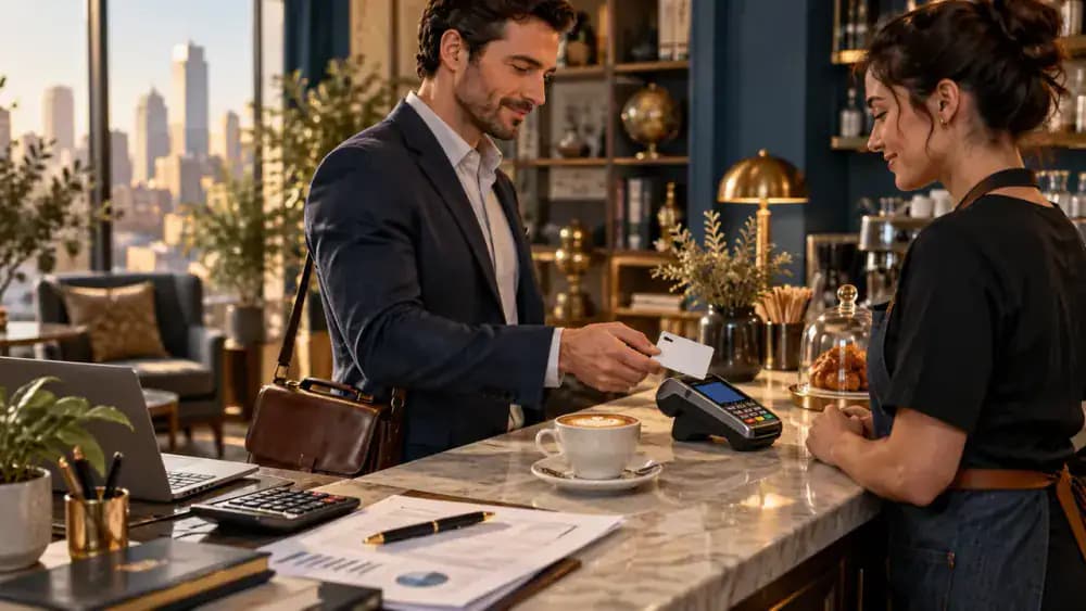 Customer using a credit card to purchase one cup of coffee.