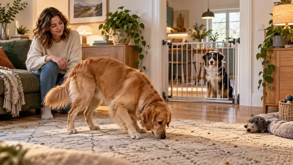 Dog waiting on a mat while an owner prepares a scent search