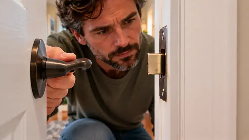 High-angle view of a homeowner inspecting a fully closed white interior door in an American hallway, shining a flashlight across the upper latch-side corner to check clearance between the door and painted jamb, with a brushed nickel lever handle, white trim, and hardwood flooring.