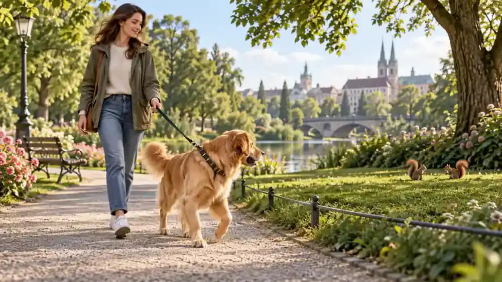 Golden retriever on a secure leash watching distant squirrels while its owner calmly moves away