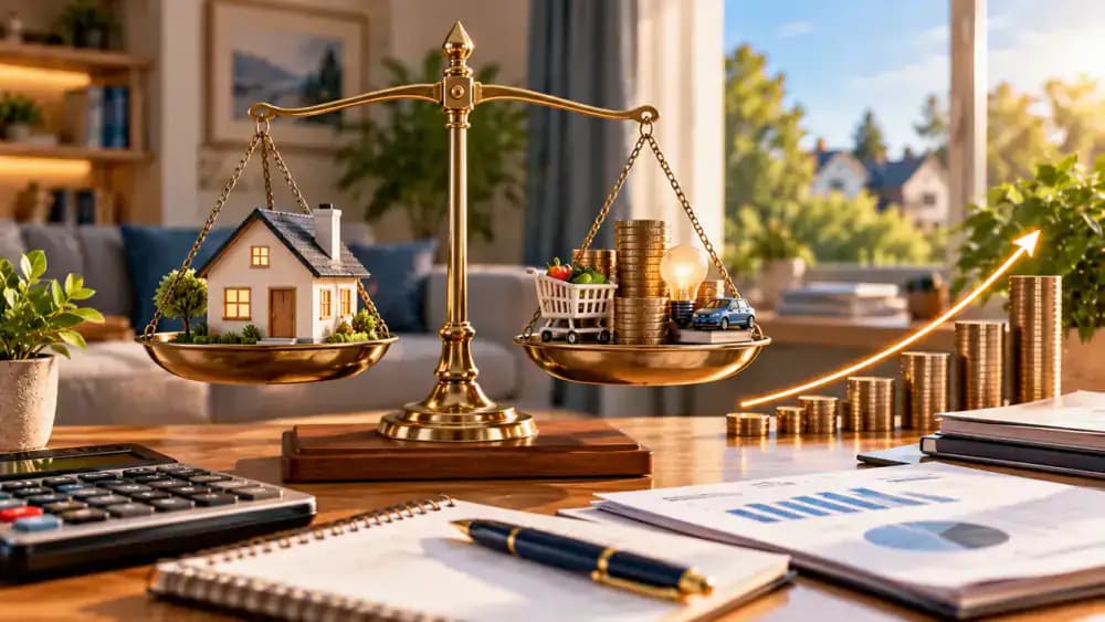 Household budget scale balancing essential expenses and savings against an upward-moving HELOC interest rate curve.