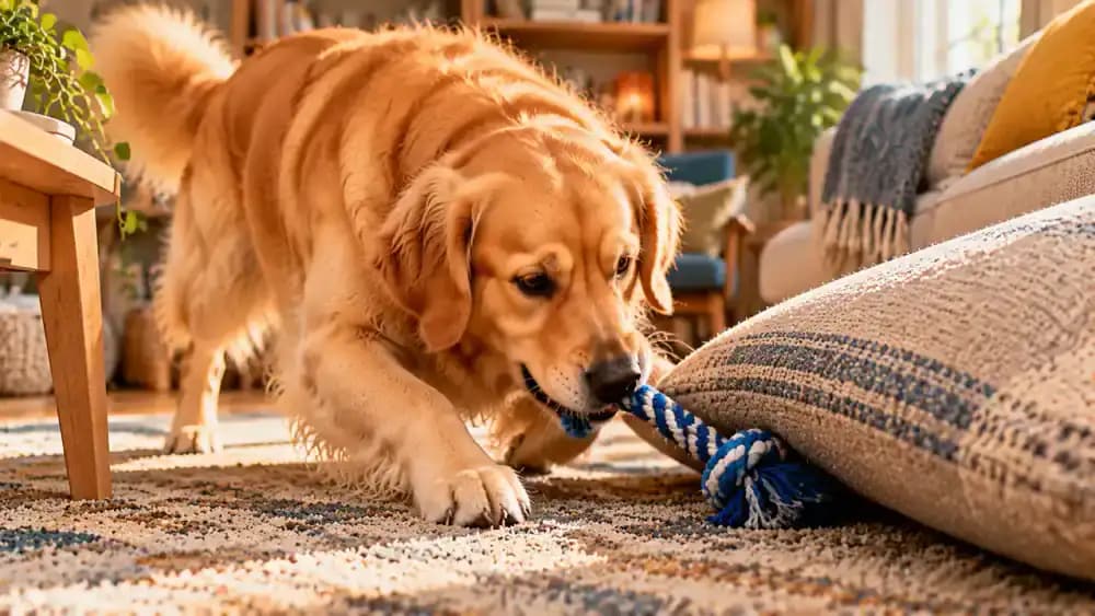 Golden retriever pulling a blue rope toy from behind a low floor cushion while its owner watches nearby.