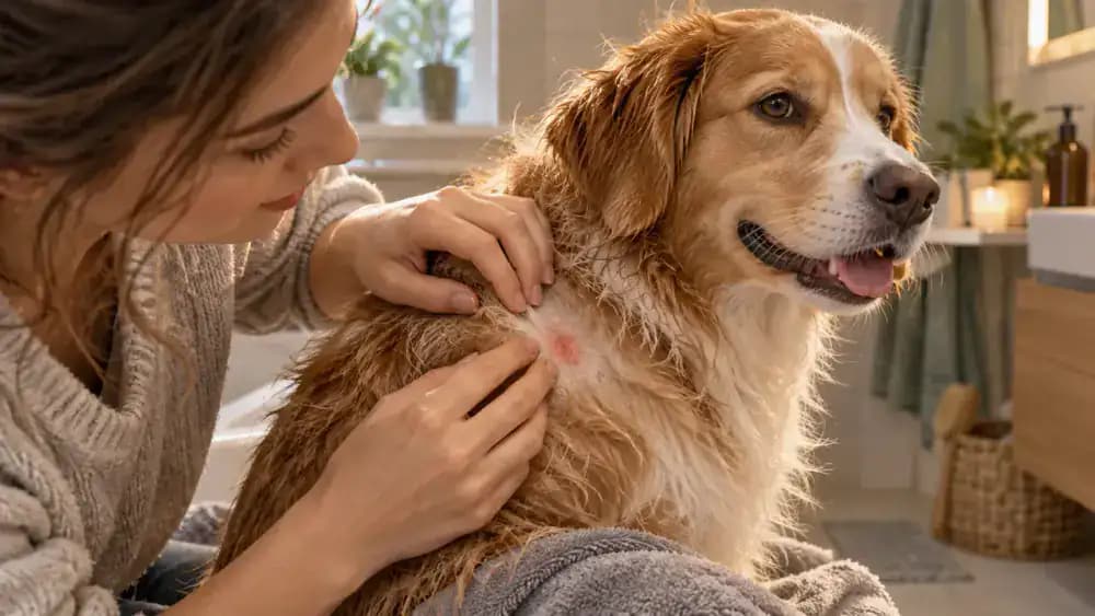 Owner gently parting a dog's partially dried coat to examine a small red patch of skin under bright bathroom lighting.
