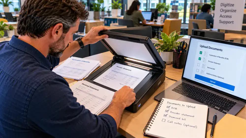 Adult at a shared office scanning station preparing a fictional itemized provider statement for a secure upload, checking the requested document and generic claim reference fields on a laptop beside organized EOB and provider bill records.