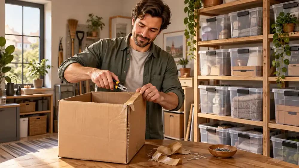 Owner removing tape and staples from an empty cardboard box while stable storage bins are stacked nearby