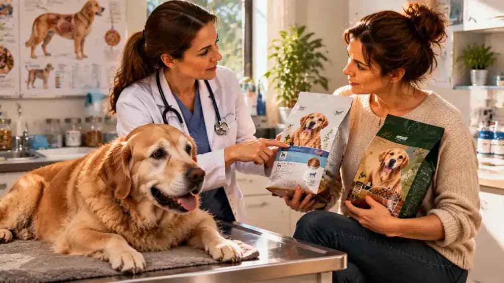 Veterinarian discussing two separate specialized pet food packages with an owner in a bright consultation room while a senior Labrador rests nearby.