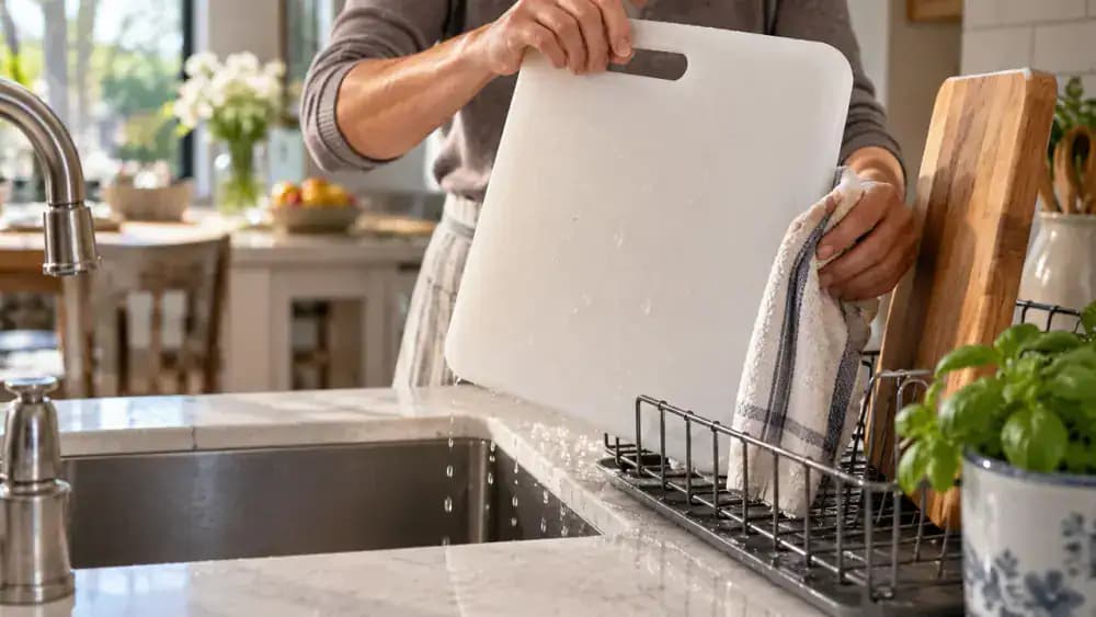 Freshly sanitized plastic cutting board being dried with a clean towel and placed diagonally on a raised dish-drying rack so both sides receive airflow