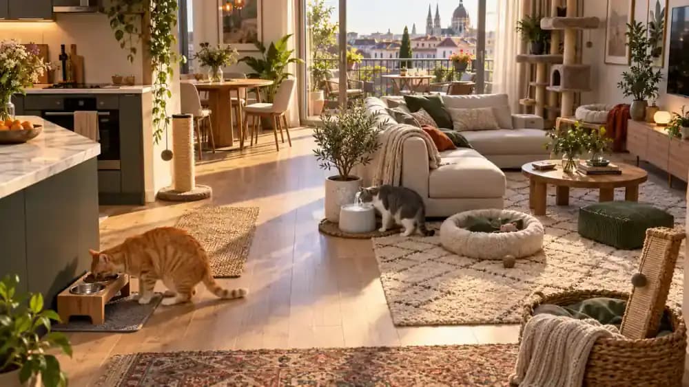 Milo eats in the kitchen while Luna drinks from a separate fountain with additional cat supplies distributed throughout the home