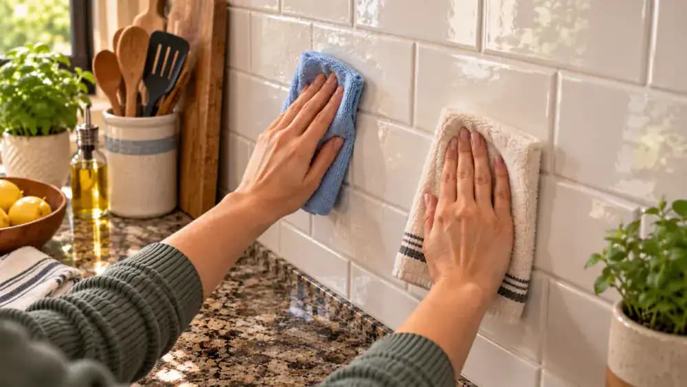 Person inspecting a dry kitchen backsplash from the side under cabinet lighting while wiping one narrow hazy streak with a microfiber cloth