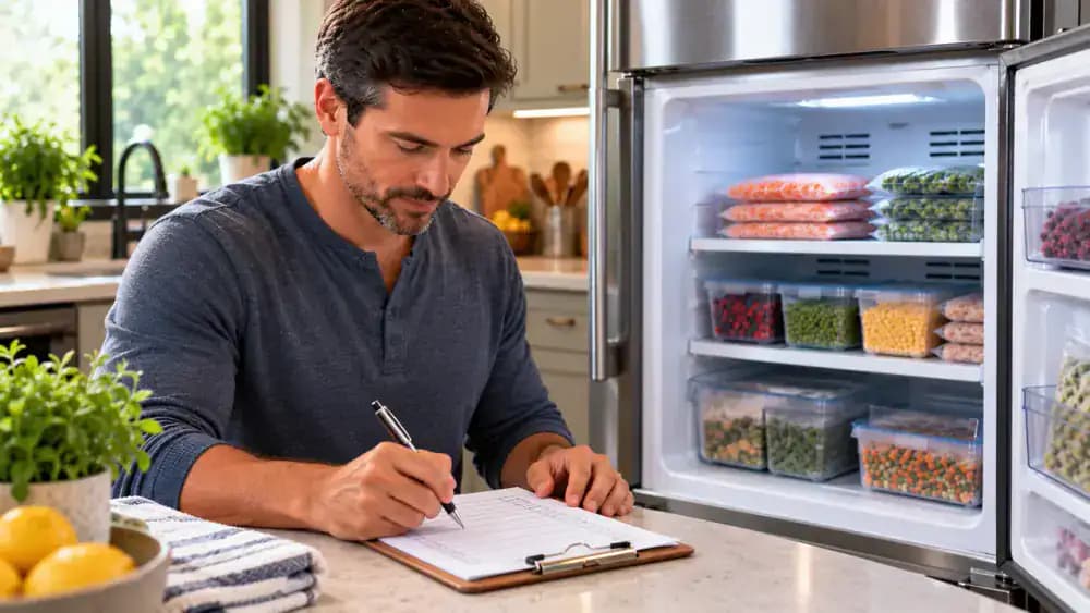 Homeowner recording a monthly freezer maintenance check on a clipboard beside a closed freezer appliance