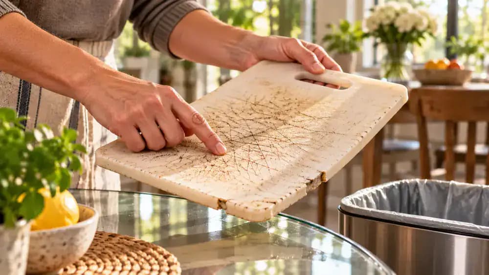 Close-up of a dry plastic cutting board being inspected at eye level for deep grooves, a chipped edge, and warping before being placed in a marked replacement container.