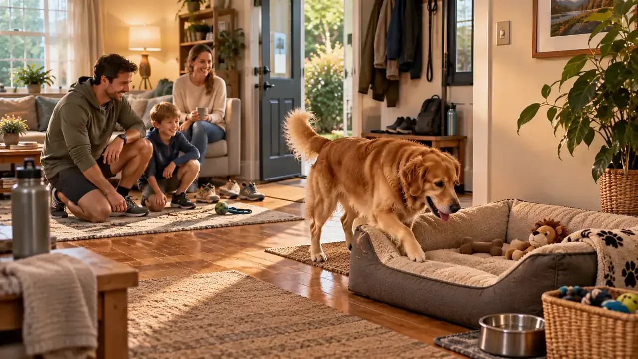 Dog walking training with family and later returning to a quiet bed to rest