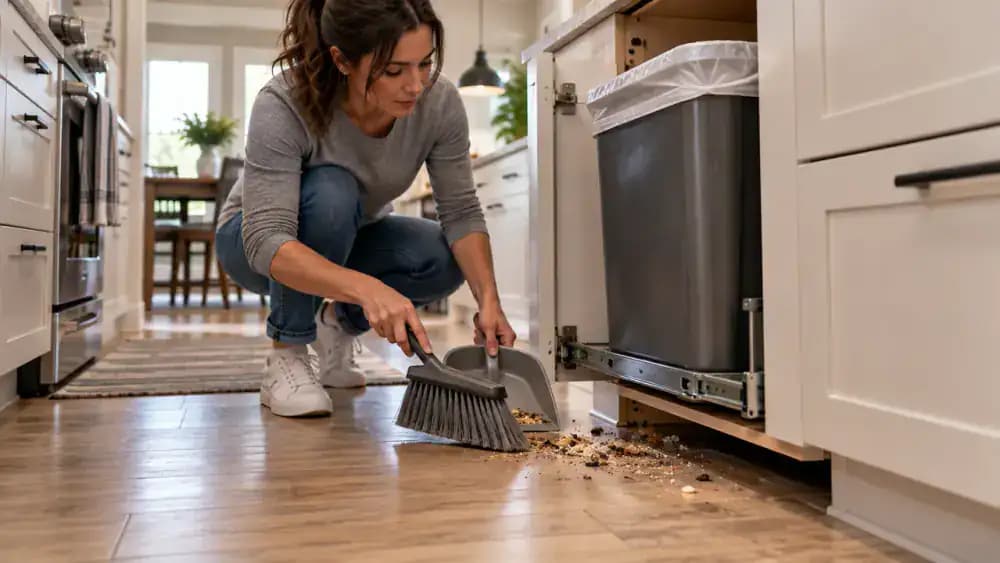 Person cleaning tiny grease splatters on vinyl plank flooring beside a cool freestanding kitchen stove, using a folded microfiber cloth and angled LED work light near a lower cabinet.