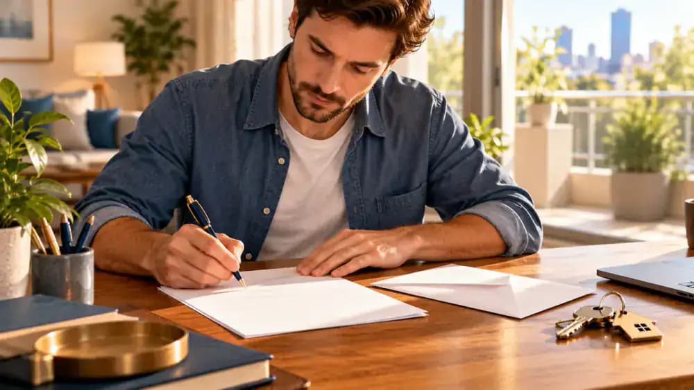 Person preparing a formal security deposit refund request at a wooden desk beside an envelope and apartment keys.