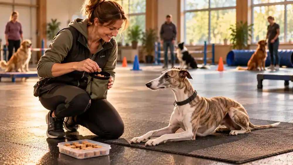 Attentive Whippet practicing obedience exercises with its owner in a bright community training hall, with twenty miniature treats arranged in four groups of five on a nearby table alongside a storage container and play toy.