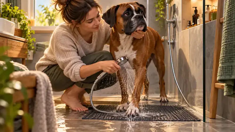Brindle boxer standing on a non-slip mat in a modern apartment shower while its owner rinses its paws with a handheld shower, with a smartphone nearby and an urban sidewalk visible outside.