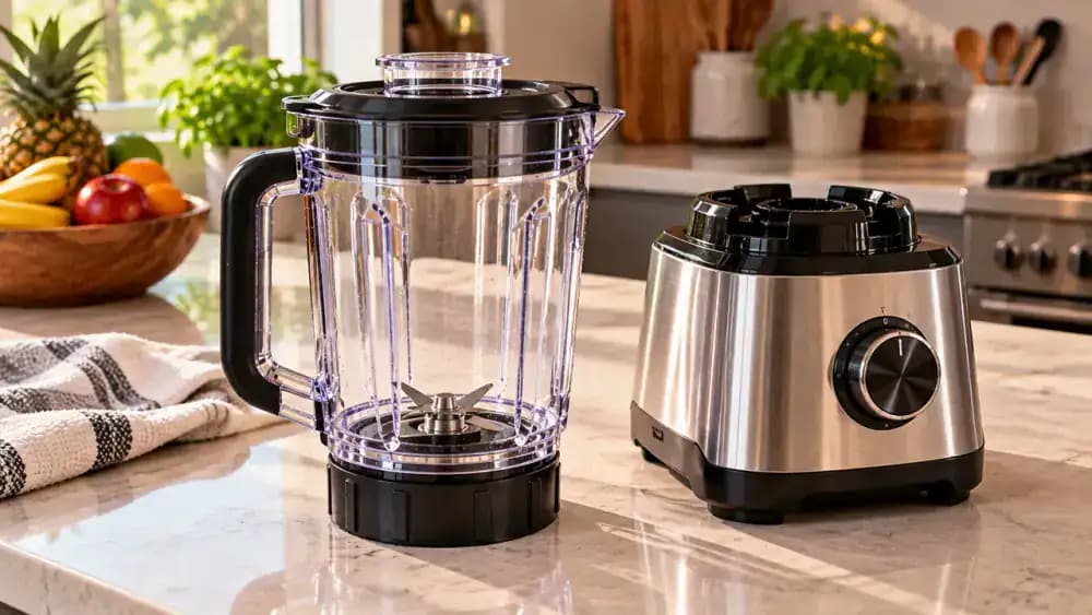Adult inspecting a fully reassembled transparent blender jar on a charcoal gray kitchen countertop, checking the blade housing lock, seated gasket, secured lid, and dry unplugged motor base before use.