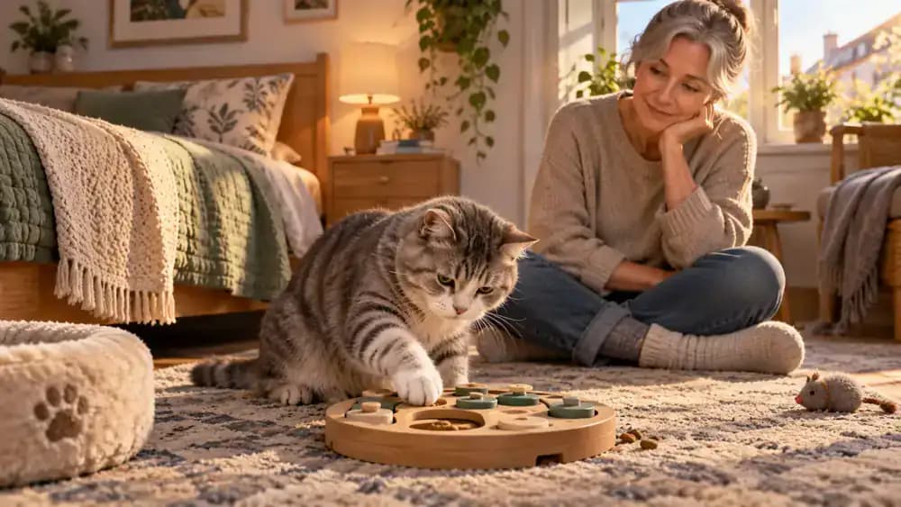 Older cat calmly working through a puzzle at a slow pace