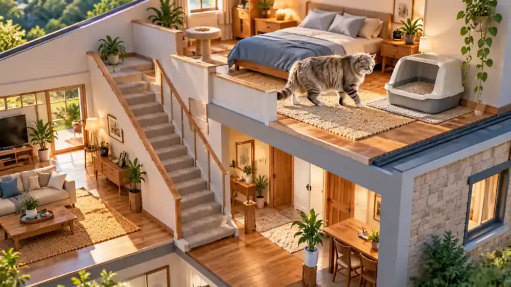 Architectural cutaway of a two-story house showing an older cat near a staircase, litter boxes on separate floors, and the cat comfortably entering an accessible upstairs tray without using the stairs.