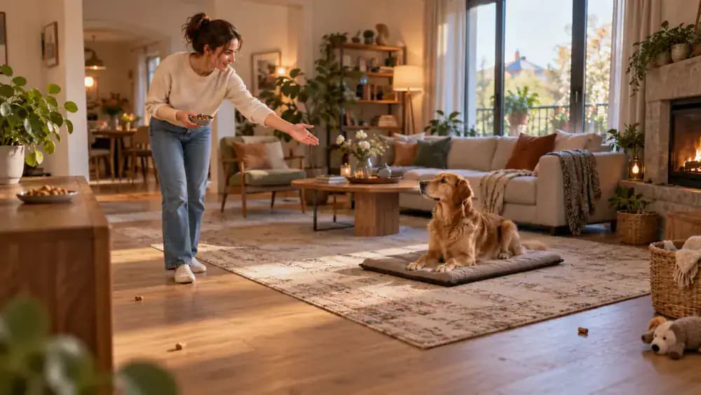 Owner collecting dog scent game materials after the final food find