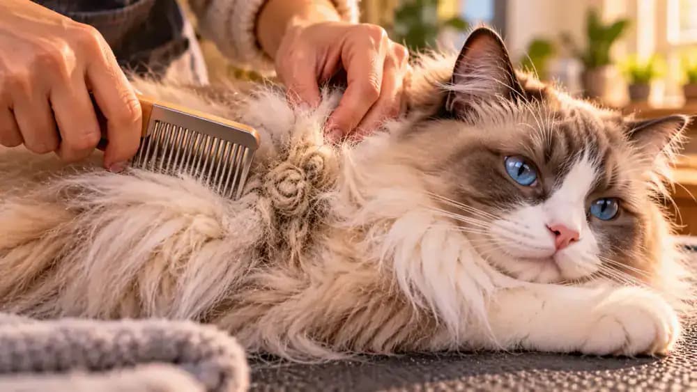 Professional groomer brushing the thick neck ruff of a Chow Chow with a rounded-tip grooming tool before gently tending to its thinner belly fur in a bright garden-facing pavilion.