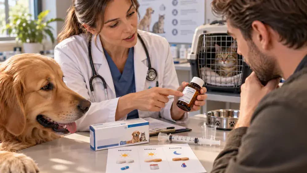 Veterinary receptionist providing follow-up paperwork while a dog owner saves the next appointment on a smartphone