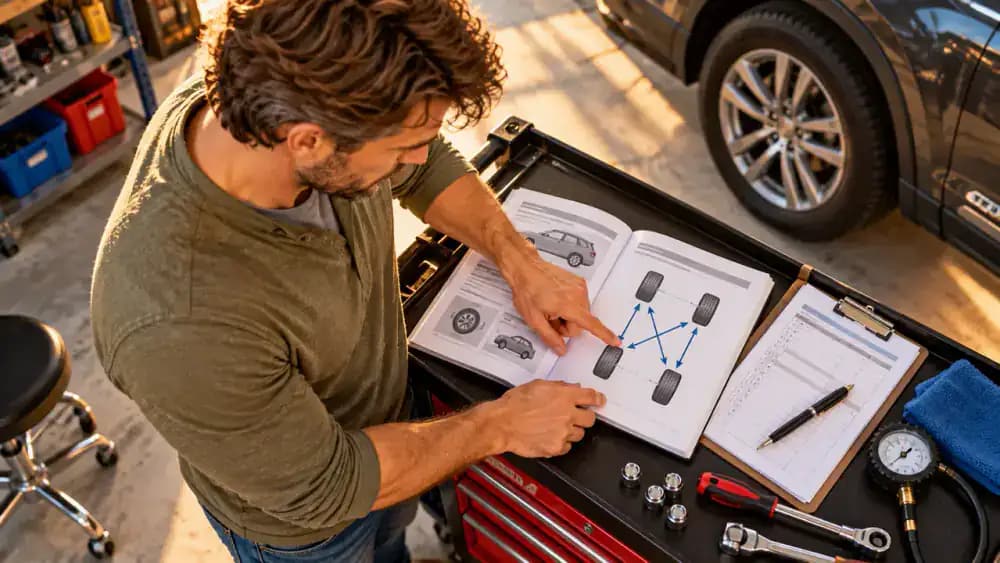 Driver reviewing an open SUV owner's manual and pointing to a tire rotation diagram on a utility cart beside a parked vehicle, with organized tire service records nearby.