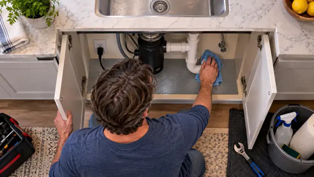 Overhead view of a homeowner cleaning the accessible surfaces of a garbage disposal splash guard with a damp soapy cloth while the wall switch and labeled breaker are off.