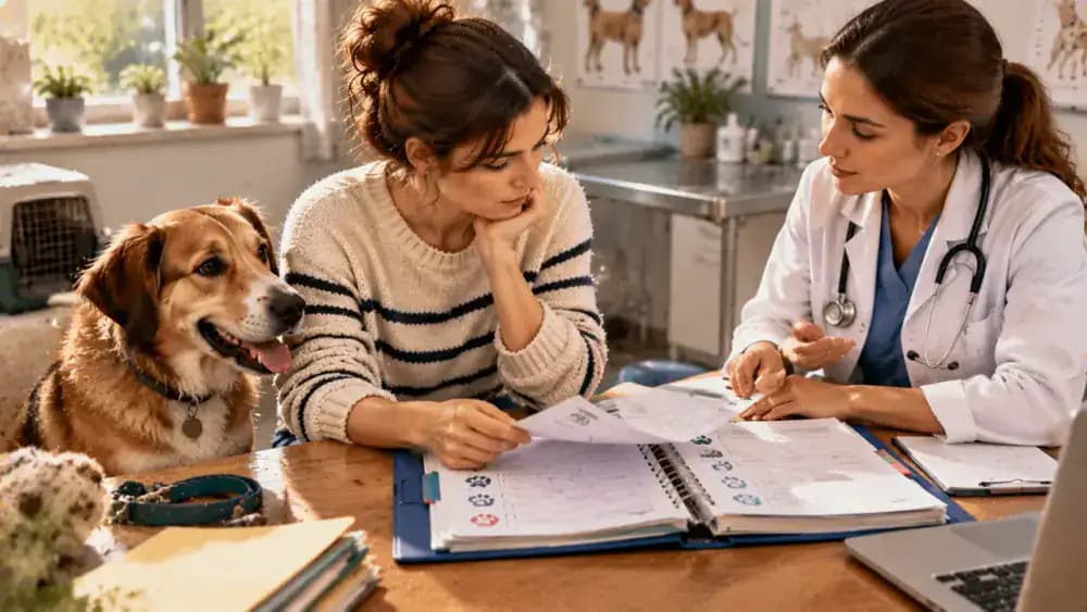 New pet owner reviewing veterinary papers provided by a previous caregiver, marking missing treatment dates, and discussing the available history with a veterinarian at a clinic.